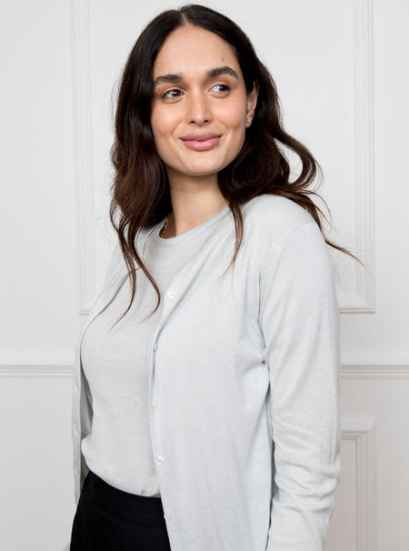 Womens cloud grey cardigan knit in a luxury and premium sea island cotton material.